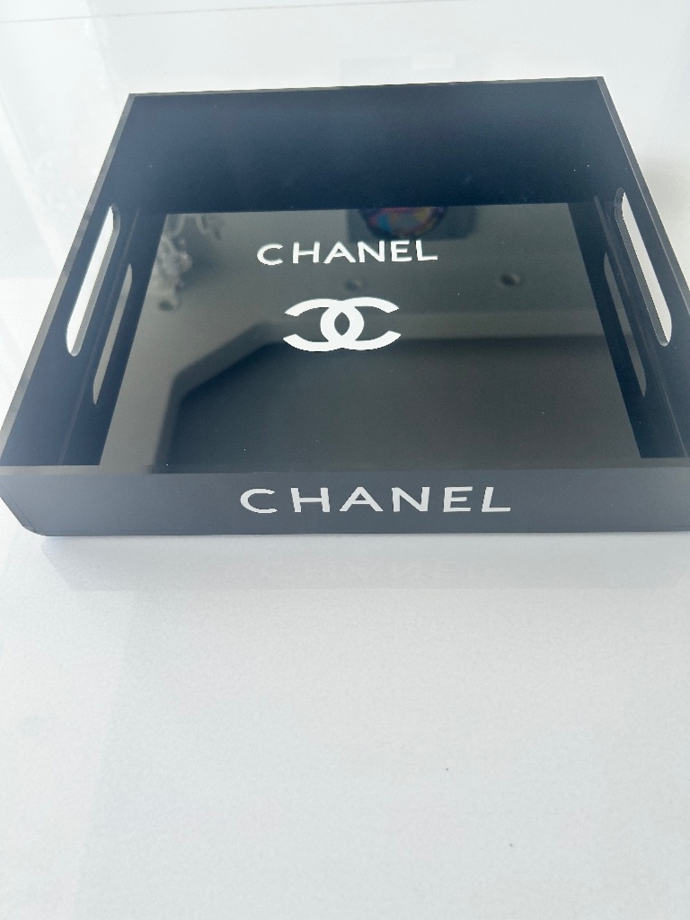 Black Acrylic 12x12x2" tray with white letters